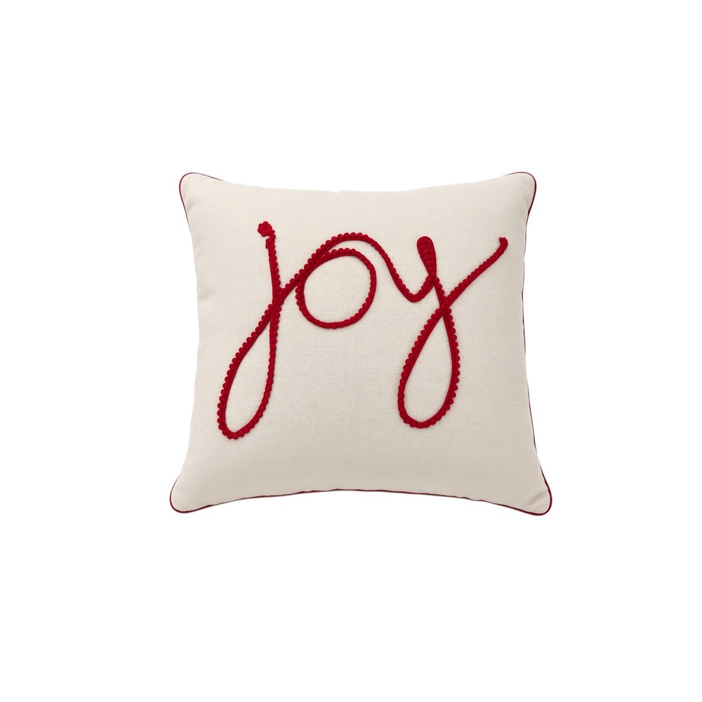Mainstays Throw Pillow Unisex 18x18 Cream Joy Red Pom Pom Buffalo Plaid Holiday